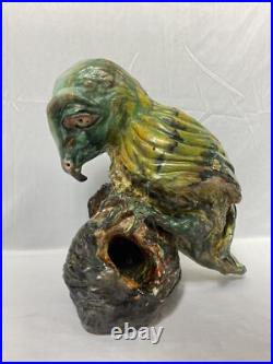 Old 12 Hand Sculpted Parrot Bird Majolica Statue Sculpture Signed Terracotta