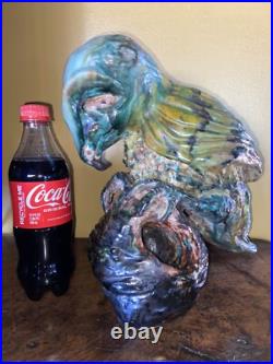 Old 12 Hand Sculpted Parrot Bird Majolica Statue Sculpture Signed Terracotta