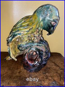 Old 12 Hand Sculpted Parrot Bird Majolica Statue Sculpture Signed Terracotta