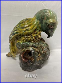 Old 12 Hand Sculpted Parrot Bird Majolica Statue Sculpture Signed Terracotta