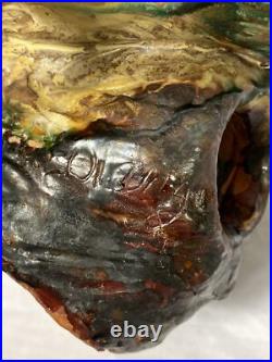 Old 12 Hand Sculpted Parrot Bird Majolica Statue Sculpture Signed Terracotta