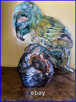 Old 12 Hand Sculpted Parrot Bird Majolica Statue Sculpture Signed Terracotta