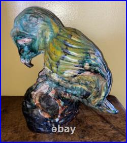 Old 12 Hand Sculpted Parrot Bird Majolica Statue Sculpture Signed Terracotta