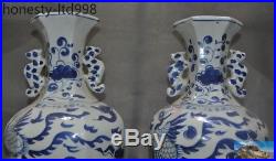 Old China Blue&White porcelain Phoenix bird statue Zun Bottle Pot Vase Jar pair
