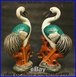 Old China Colour Porcelain Fengshui longevity Bird Red-Crowned Crane Statue Pair
