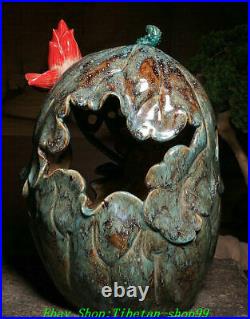 Old China Dynasty Shiwan Color Porcelain Lotus Bird Hollow out Statue