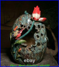 Old China Dynasty Shiwan Color Porcelain Lotus Bird Hollow out Statue