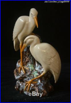 Old China Porcelain Hand-Carved Double Bird Red-crowned crane Vase Wealth Statue