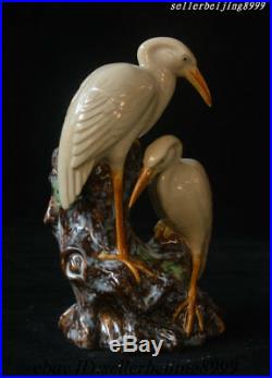 Old China Porcelain Hand-Carved Double Bird Red-crowned crane Vase Wealth Statue