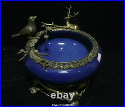 Old Chinese Antique Porcelain Inlay Brass Flower Bird Deer Pen wash Statue 09