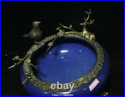 Old Chinese Antique Porcelain Inlay Brass Flower Bird Deer Pen wash Statue 09
