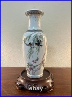 Old Chinese Famile Rose Hand Painted Bird Flowers And Poetry Porcelain Vase