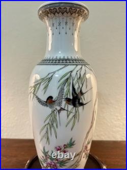 Old Chinese Famile Rose Hand Painted Bird Flowers And Poetry Porcelain Vase