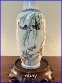 Old Chinese Famile Rose Hand Painted Bird Flowers And Poetry Porcelain Vase