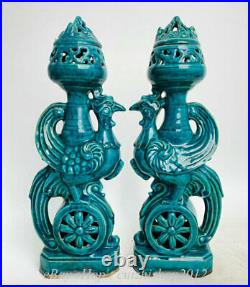 Old Chinese Green Glaze Porcelain Bird Phoenix Statue Incense Burner Censer Pair