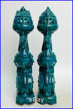 Old Chinese Green Glaze Porcelain Bird Phoenix Statue Incense Burner Censer Pair