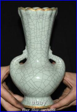 Old Dynasty Guan Kiln Porcelain Gilt Words Poetry Phoenix Bird Ears Bottle Vase