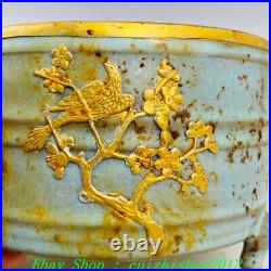 Old Dynasty Ru Kiln Porcelain Gilt 3 Leg Plum Flower Bird Incense Burner Censer