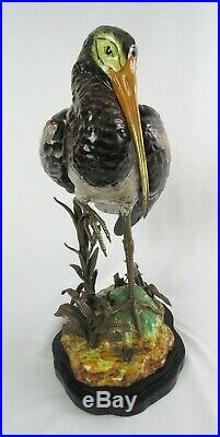 Old Hand Painted Porcelain & Brass 16 Asian Oriental Heron Shore Bird Statue