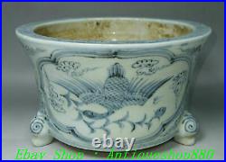 Old Ming Dynasty Blue White Porcelain 3 Leg Crane Poet Words Incense Burner Pot