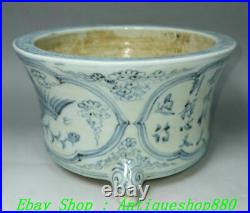 Old Ming Dynasty Blue White Porcelain 3 Leg Crane Poet Words Incense Burner Pot
