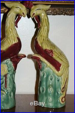 Old Vintage Chinese Peacock Porcelain Pair Figurines Statues