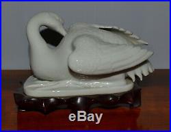 Old or Antique Chinese Blanc de Chine Porcelain Crane Impressed Mark Wood Stand