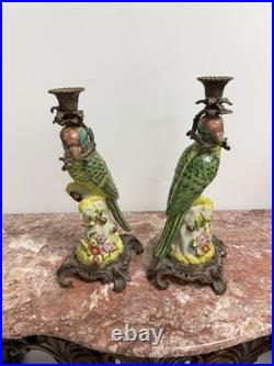 Oriental Bronze large Green Parrot Birds Porcelain Candlesticks Candle Holder