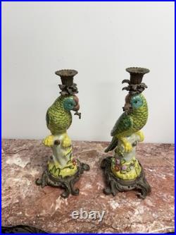 Oriental Bronze large Green Parrot Birds Porcelain Candlesticks Candle Holder