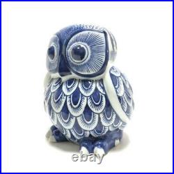 Owl Bird Porcelain Doll Statue Blue White Pottery Figurine Interior Vintage Used