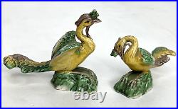 PAIR Antique Chinese Porcelain Phoenix Bird Figures Three Color Glazed Statues