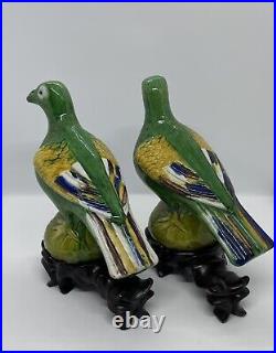 PAIR OF CHINESE GREEN GLAZED POTTERY/PORCELAIN OF PARROTS or DOVES with STANDS
