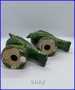 PAIR OF CHINESE GREEN GLAZED POTTERY/PORCELAIN OF PARROTS or DOVES with STANDS