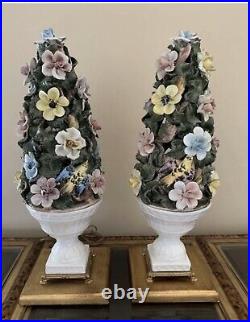 PAIR Vintage Gilt Wood Porcelain Bird Flower Lamp Urn Vases Gorgeous
