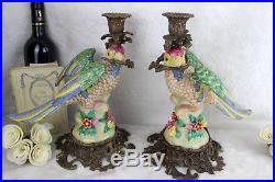 PAIR faience porcelain parrot birds couple statue candle holders 1970's