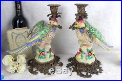PAIR faience porcelain parrot birds couple statue candle holders 1970's