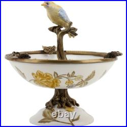 PORCELAIN IN BRONZE ORMOLU YELLOW BIRD PERCHED ON BOWL yellow gold flowers