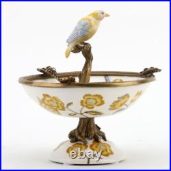 PORCELAIN IN BRONZE ORMOLU YELLOW BIRD PERCHED ON BOWL yellow gold flowers