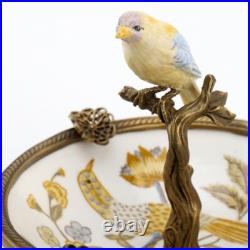 PORCELAIN IN BRONZE ORMOLU YELLOW BIRD PERCHED ON BOWL yellow gold flowers