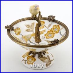 PORCELAIN IN BRONZE ORMOLU YELLOW BIRD PERCHED ON BOWL yellow gold flowers
