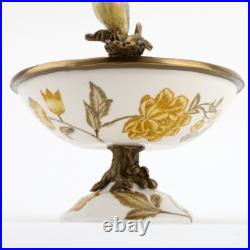 PORCELAIN IN BRONZE ORMOLU YELLOW BIRD PERCHED ON BOWL yellow gold flowers