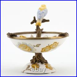 PORCELAIN IN BRONZE ORMOLU YELLOW BIRD PERCHED ON BOWL yellow gold flowers