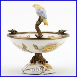 PORCELAIN IN BRONZE ORMOLU YELLOW BIRD PERCHED ON BOWL yellow gold flowers