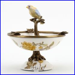 PORCELAIN IN BRONZE ORMOLU YELLOW BIRD PERCHED ON BOWL yellow gold flowers