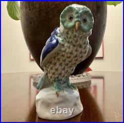 PRISTINE HEREND GREEN FISHNET OWL 4.75 #5106 HAND PAINTED With24K Gold Trim