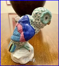 PRISTINE HEREND GREEN FISHNET OWL 4.75 #5106 HAND PAINTED With24K Gold Trim