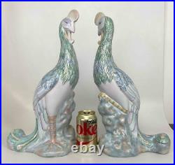 Pair 17 Chinoiserie Palm Beach Regency Chinese Phoenix Porcelain Birds Statues