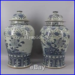 Pair 18''chinese blue and white porcelain painting flowers bird jar vase statue
