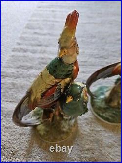 Pair 1960's Italy Porcelain Tropical Birds Tree Branch Mantel Pieces Signed