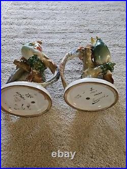 Pair 1960's Italy Porcelain Tropical Birds Tree Branch Mantel Pieces Signed